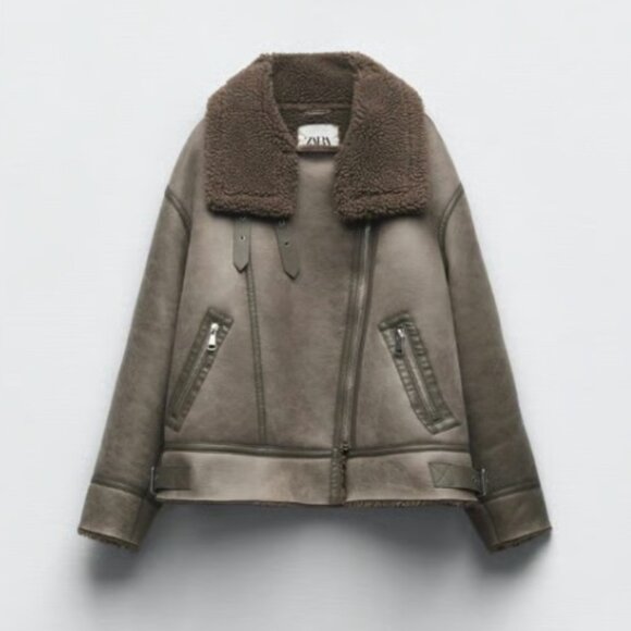 ZARA NEW WOMEN FAUX LEATHER SHEARLING DOUBLE-FACED BIKER JACKET GRAY 3548/243 - Picture 11 of 15